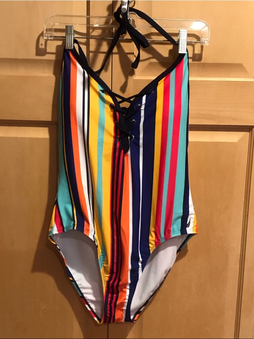 New Nautica Navy, Royal Blue, Yellow and Pink Striped One-Piece swimsuit